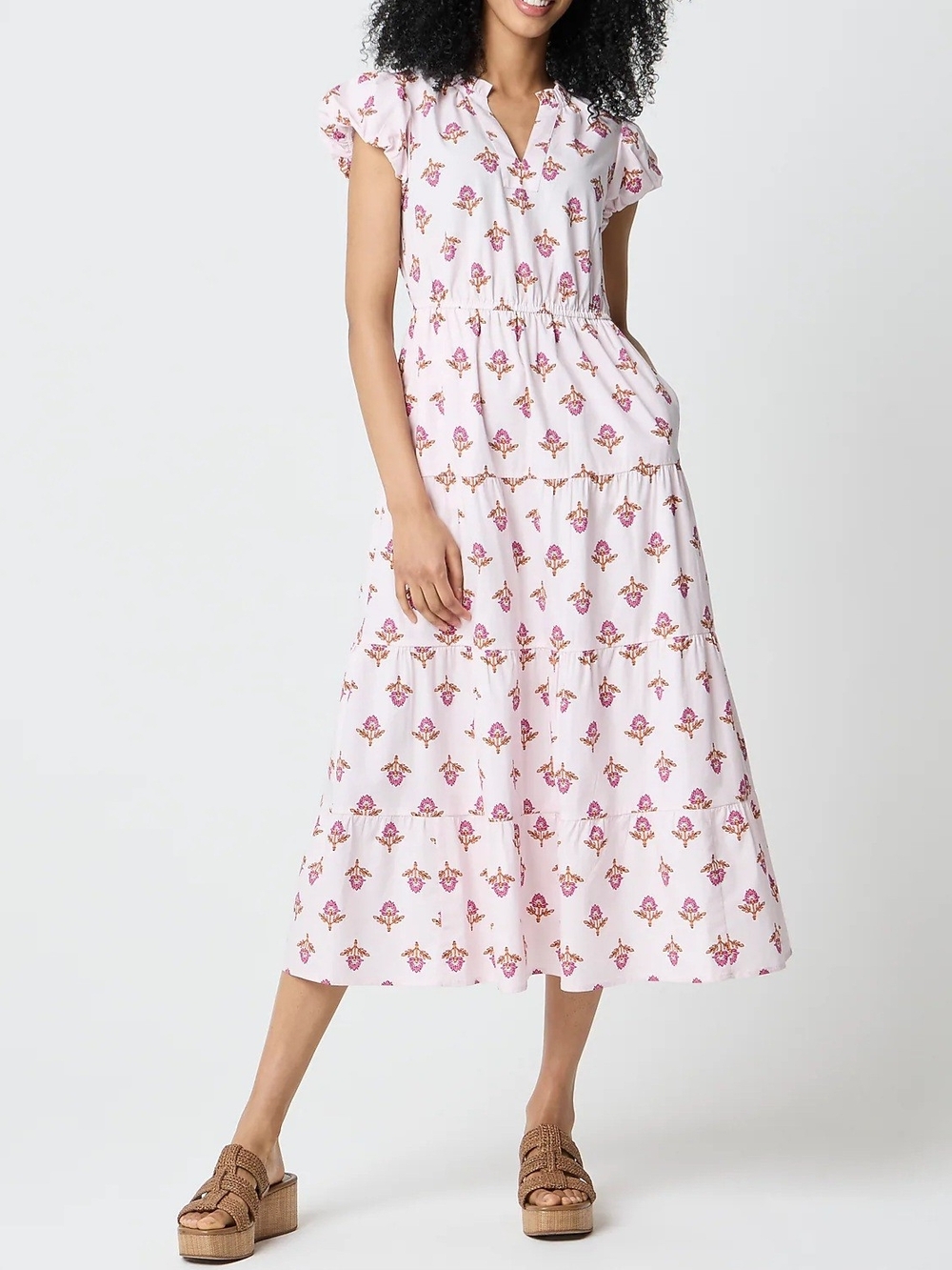 J.Crew Floral Split V Neck Bubble Hem Sleeves Tiered Midi Dress, 6, Pink
